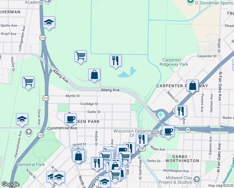 map of restaurants, bars, coffee shops, grocery stores, and more near 2818 Myrtle Street in Madison