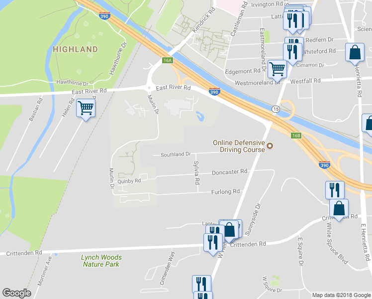 map of restaurants, bars, coffee shops, grocery stores, and more near 90 Southland Drive in Rochester