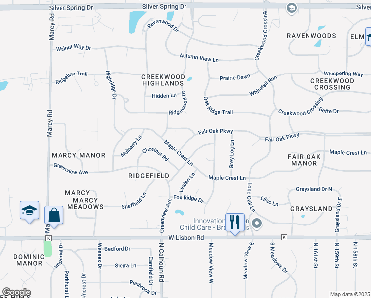 map of restaurants, bars, coffee shops, grocery stores, and more near N50W17046 Maple Crest Lane in Menomonee Falls