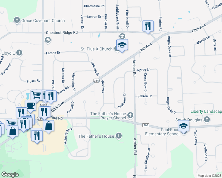 map of restaurants, bars, coffee shops, grocery stores, and more near 59 Bellmawr Drive in Rochester