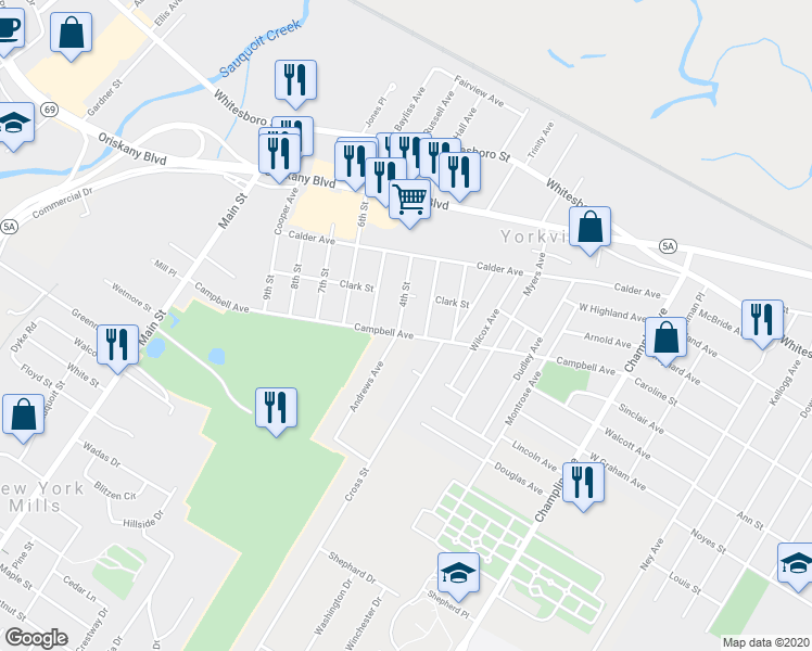 map of restaurants, bars, coffee shops, grocery stores, and more near 101 Campbell Avenue in Yorkville