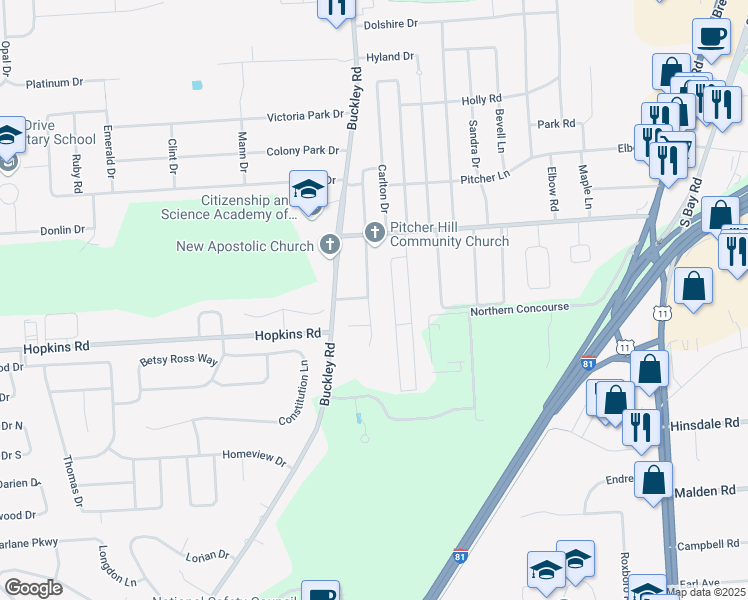 map of restaurants, bars, coffee shops, grocery stores, and more near 201 Dolores Terrace South in Syracuse
