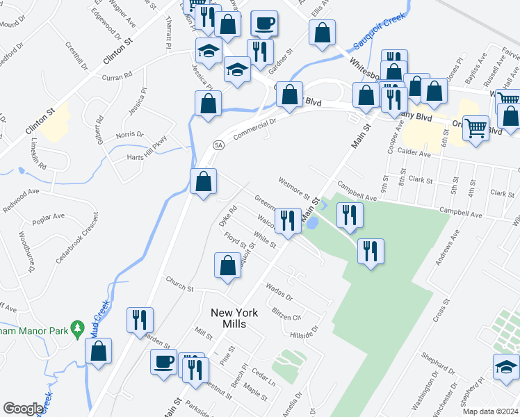 map of restaurants, bars, coffee shops, grocery stores, and more near 28 Walcott Street in New York Mills