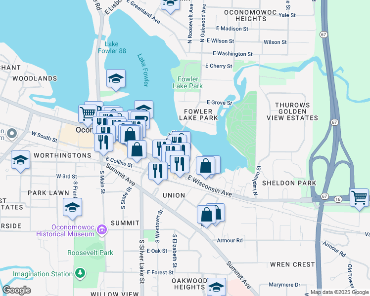 map of restaurants, bars, coffee shops, grocery stores, and more near 201 North Fowler Street in Oconomowoc