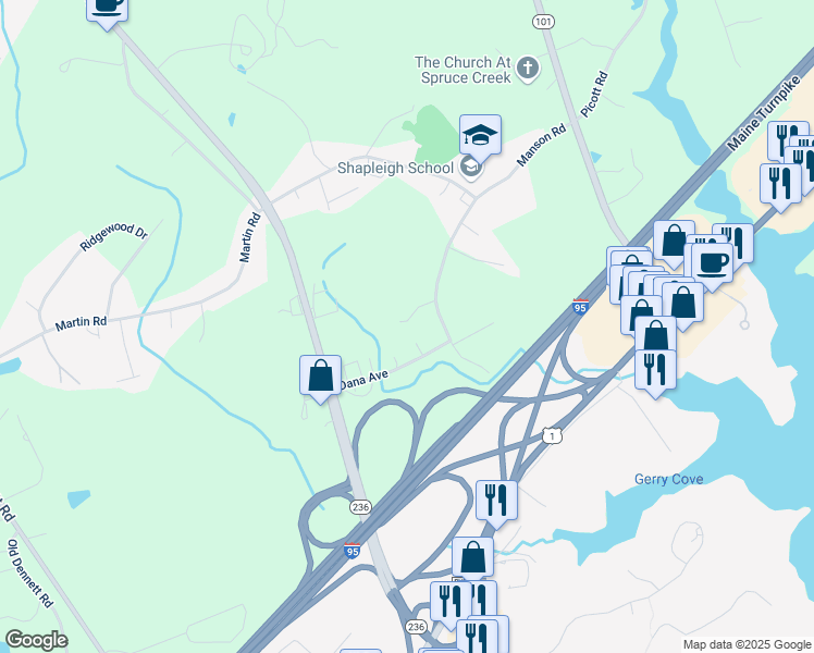 map of restaurants, bars, coffee shops, grocery stores, and more near 17 Dana Avenue in Kittery