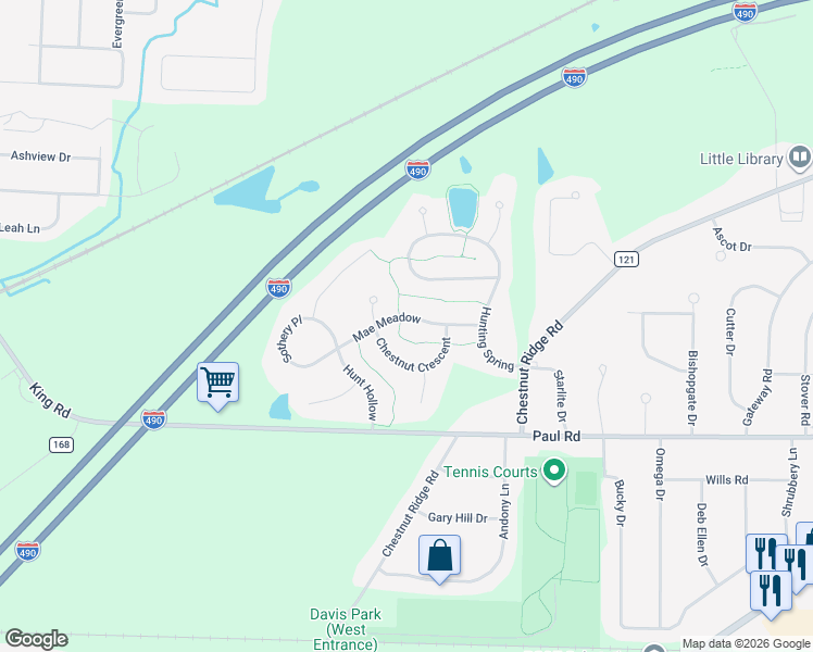map of restaurants, bars, coffee shops, grocery stores, and more near 14 Mae Meadow in Rochester