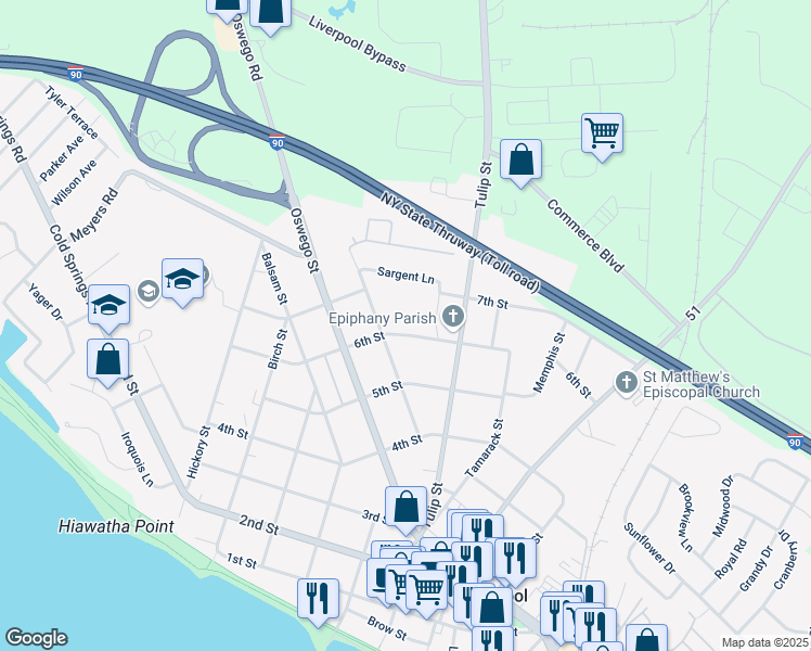 map of restaurants, bars, coffee shops, grocery stores, and more near 222 6th Street in Liverpool