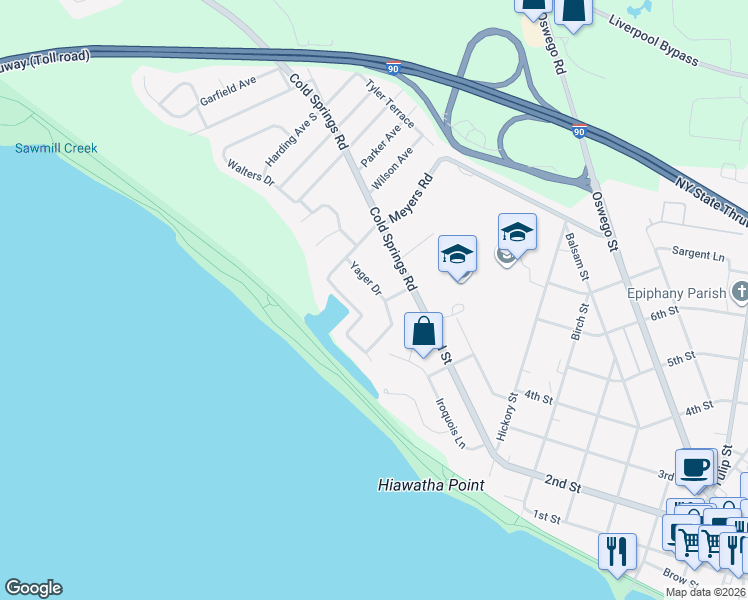 map of restaurants, bars, coffee shops, grocery stores, and more near 126 Sun Harbor Drive in Liverpool