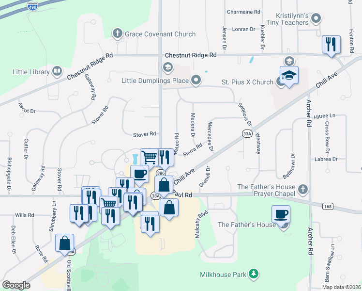 map of restaurants, bars, coffee shops, grocery stores, and more near 18 Sierra Road in Rochester