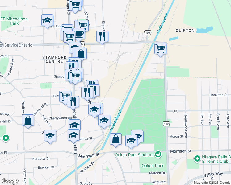 map of restaurants, bars, coffee shops, grocery stores, and more near in Niagara Falls
