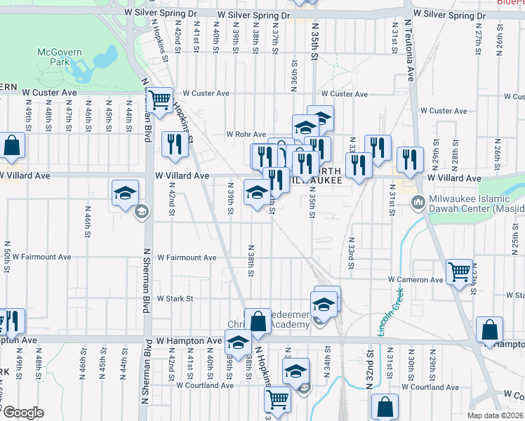 map of restaurants, bars, coffee shops, grocery stores, and more near 3718 West Lancaster Avenue in Milwaukee