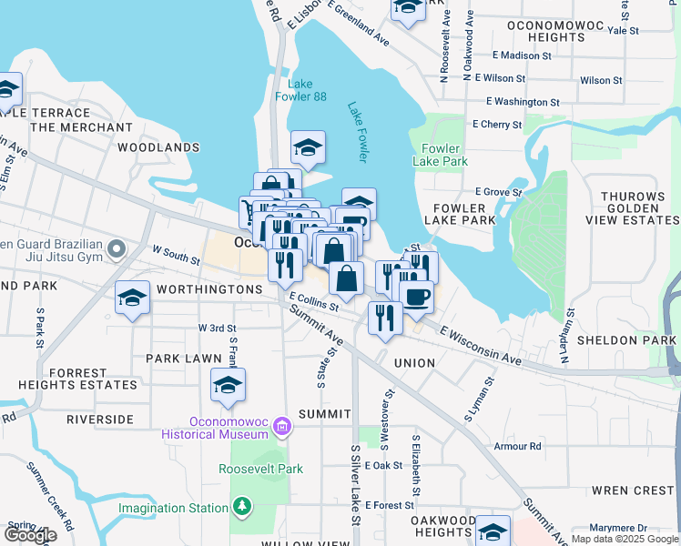 map of restaurants, bars, coffee shops, grocery stores, and more near Wisconsin 16 in Oconomowoc