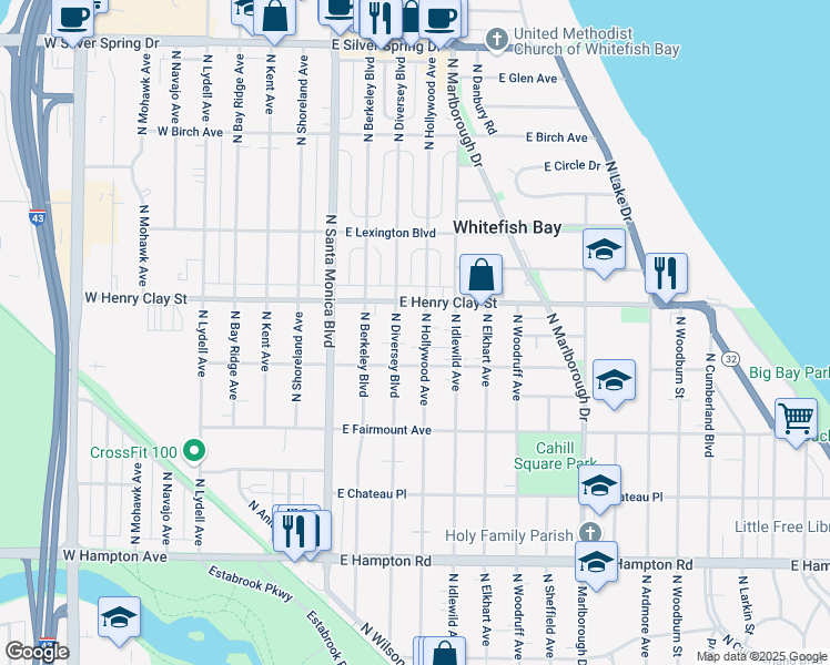 map of restaurants, bars, coffee shops, grocery stores, and more near 5124 North Hollywood Avenue in Whitefish Bay
