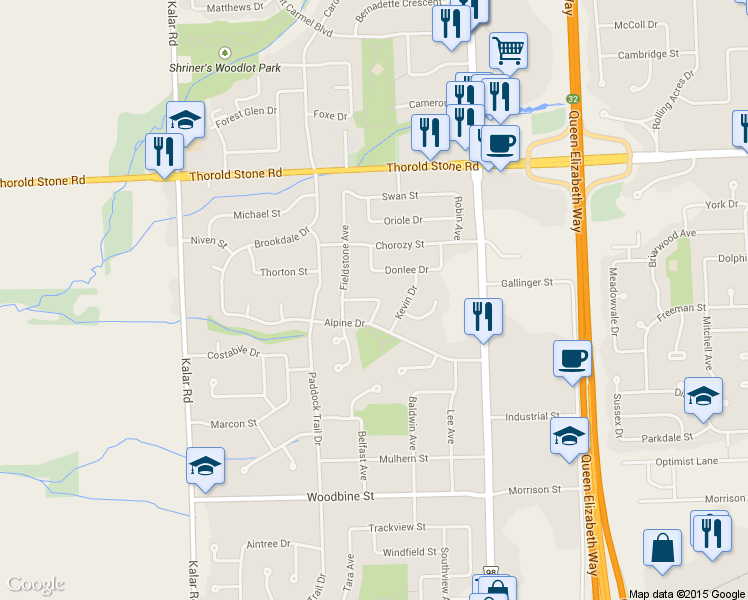 map of restaurants, bars, coffee shops, grocery stores, and more near Pamela Drive in Niagara Falls