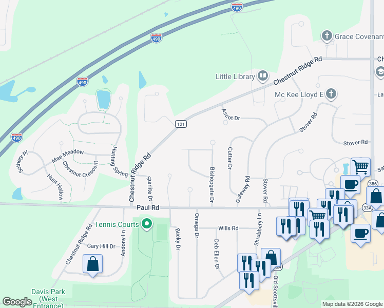 map of restaurants, bars, coffee shops, grocery stores, and more near 23 Bishopgate Drive in Rochester