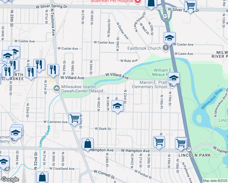 map of restaurants, bars, coffee shops, grocery stores, and more near 2405 West Lancaster Avenue in Milwaukee