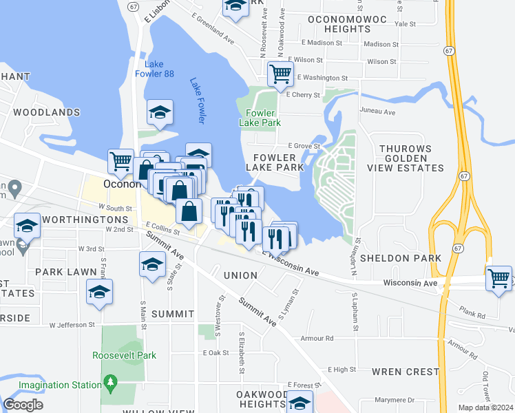 map of restaurants, bars, coffee shops, grocery stores, and more near 201 North Fowler Street in Oconomowoc