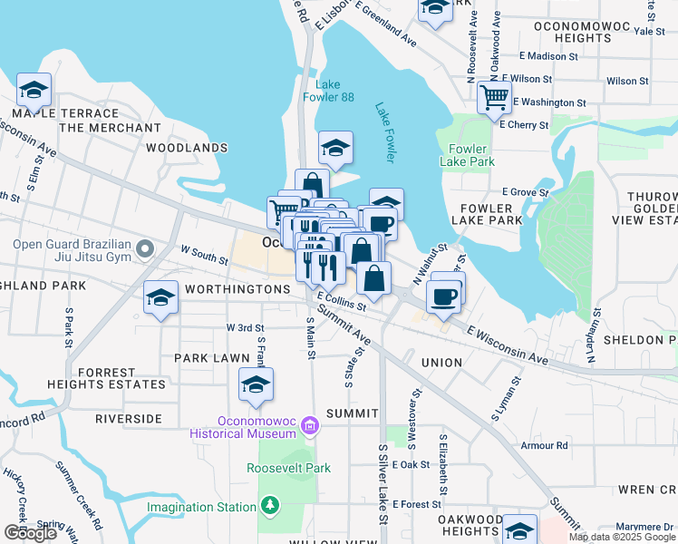 map of restaurants, bars, coffee shops, grocery stores, and more near 113-115 S Main St in Oconomowoc