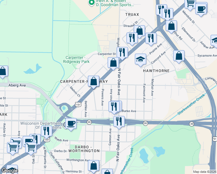 map of restaurants, bars, coffee shops, grocery stores, and more near 817 Powers Avenue in Madison