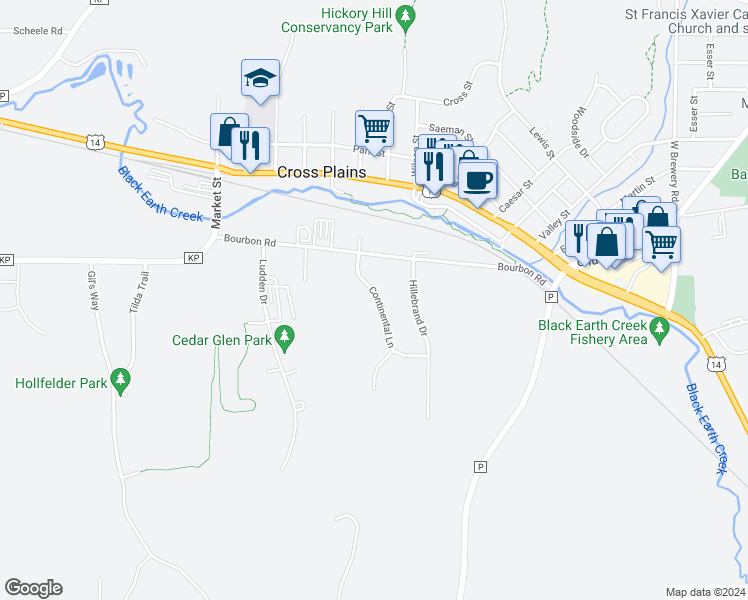 map of restaurants, bars, coffee shops, grocery stores, and more near 2035 Continental Lane in Cross Plains
