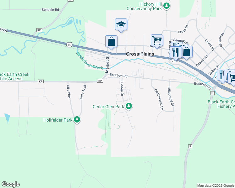 map of restaurants, bars, coffee shops, grocery stores, and more near 1437 Ludden Drive in Cross Plains