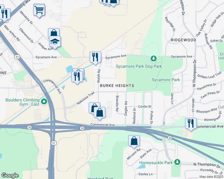 map of restaurants, bars, coffee shops, grocery stores, and more near 4318 Nakoosa Trail in Madison