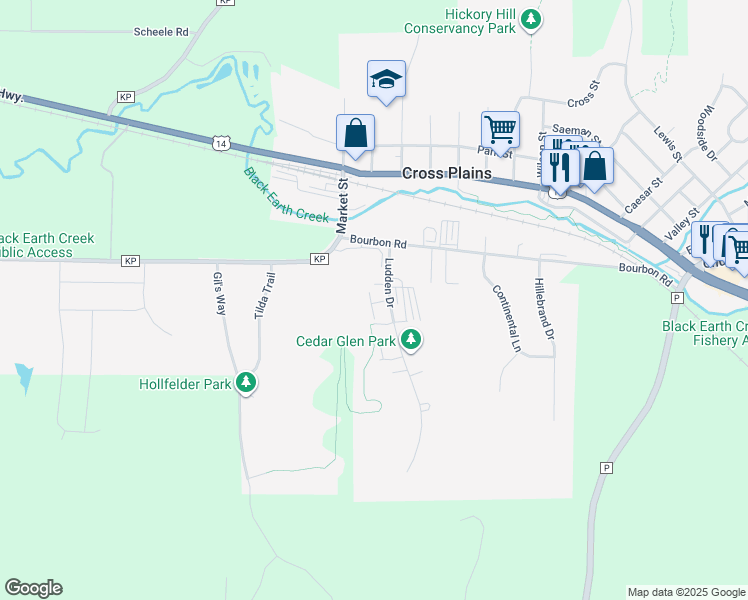 map of restaurants, bars, coffee shops, grocery stores, and more near 1437 Ludden Drive in Cross Plains