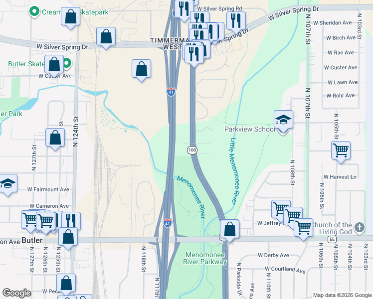 map of restaurants, bars, coffee shops, grocery stores, and more near 5101 North Lovers Lane Road in Milwaukee