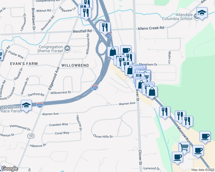 map of restaurants, bars, coffee shops, grocery stores, and more near 95 Towpath Lane in Rochester