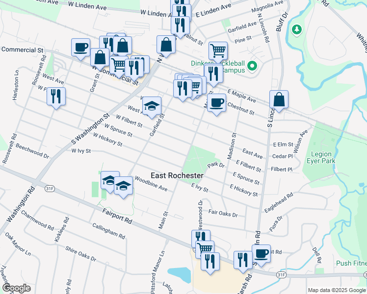 map of restaurants, bars, coffee shops, grocery stores, and more near 108 1/2 West Filbert Street in East Rochester