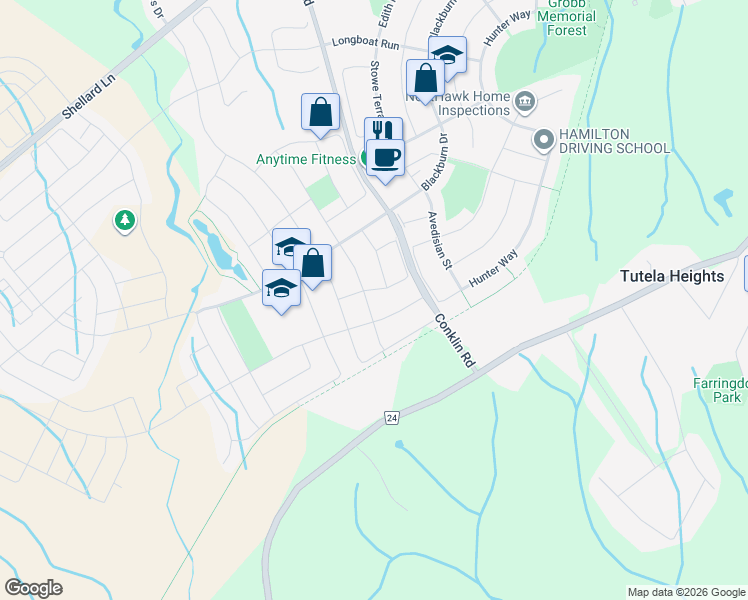 map of restaurants, bars, coffee shops, grocery stores, and more near 118 Warner Lane in Brantford