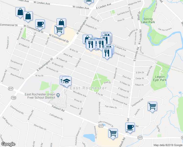 map of restaurants, bars, coffee shops, grocery stores, and more near 611 Main Street in East Rochester
