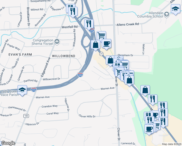 map of restaurants, bars, coffee shops, grocery stores, and more near 95 Towpath Lane in Rochester