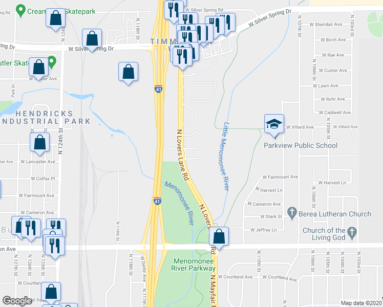 map of restaurants, bars, coffee shops, grocery stores, and more near 5056 Wisconsin 100 in Milwaukee