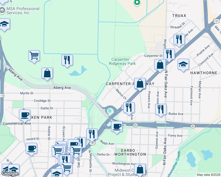 map of restaurants, bars, coffee shops, grocery stores, and more near 9 Ridgeview Court in Madison
