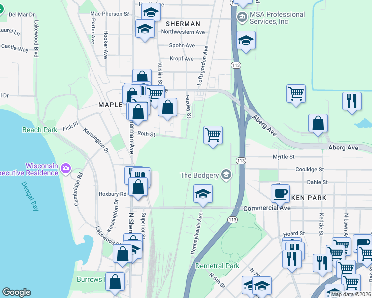 map of restaurants, bars, coffee shops, grocery stores, and more near 1900 Commercial Ave in Madison