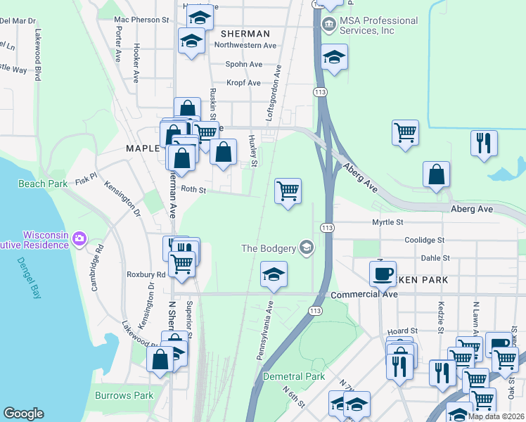 map of restaurants, bars, coffee shops, grocery stores, and more near 1900 Commercial Avenue in Madison