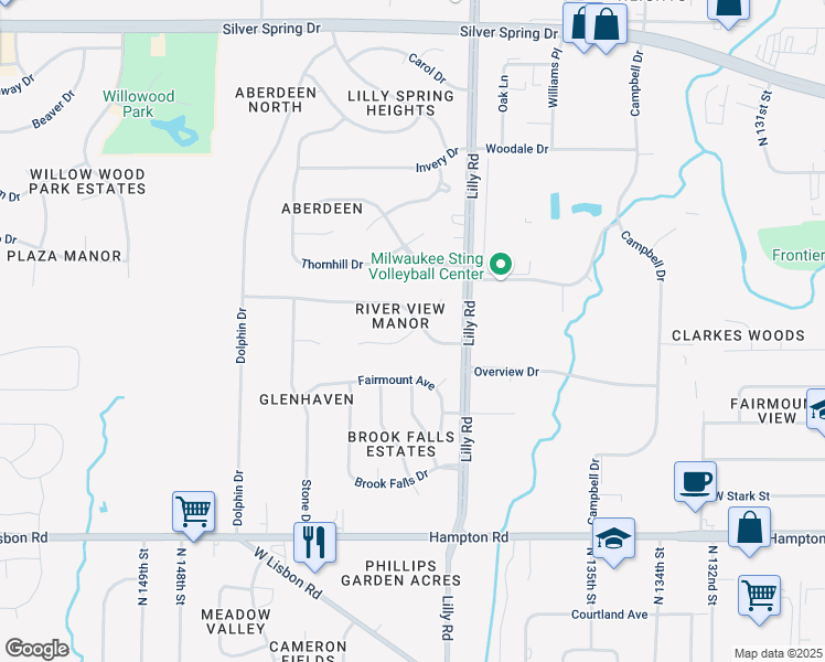 map of restaurants, bars, coffee shops, grocery stores, and more near Ridgeway Lane in Menomonee Falls