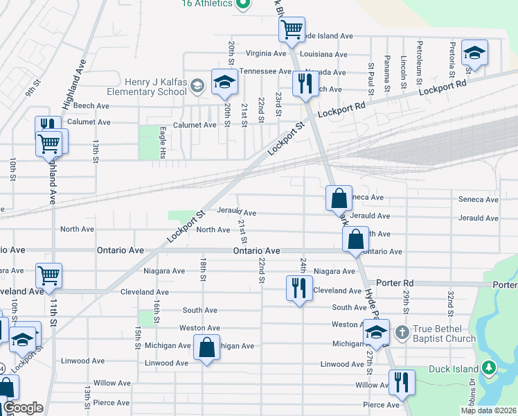 map of restaurants, bars, coffee shops, grocery stores, and more near 2121 Jerauld Avenue in Niagara Falls