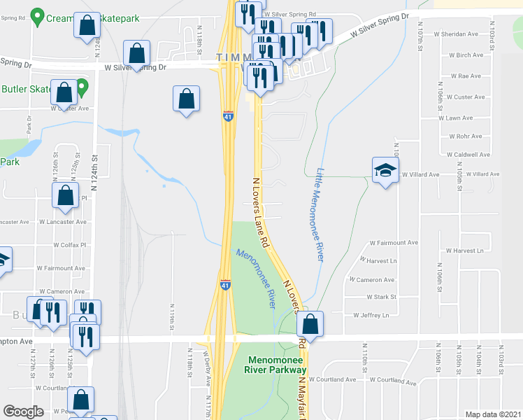 map of restaurants, bars, coffee shops, grocery stores, and more near 5114 North Lovers Lane Road in Milwaukee