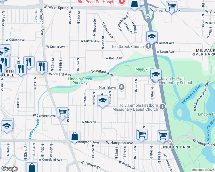 map of restaurants, bars, coffee shops, grocery stores, and more near 5077 North 23rd Street in Milwaukee