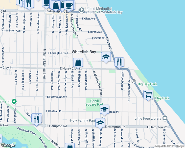 map of restaurants, bars, coffee shops, grocery stores, and more near 939 East Meadow Place in Whitefish Bay