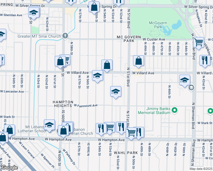 map of restaurants, bars, coffee shops, grocery stores, and more near 5078 North 54th Street in Milwaukee