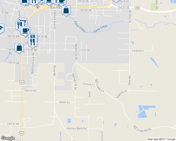 map of restaurants, bars, coffee shops, grocery stores, and more near 87682 Bill Creek Lane in Bandon
