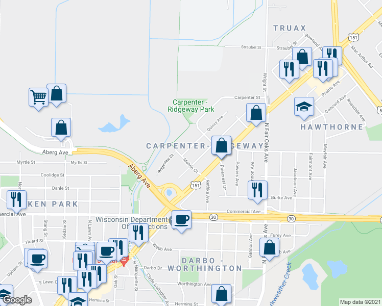 map of restaurants, bars, coffee shops, grocery stores, and more near 3209 Quincy Avenue in Madison