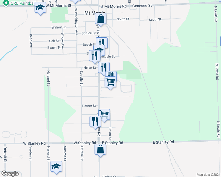 map of restaurants, bars, coffee shops, grocery stores, and more near 7188 North Saginaw Road in Mount Morris