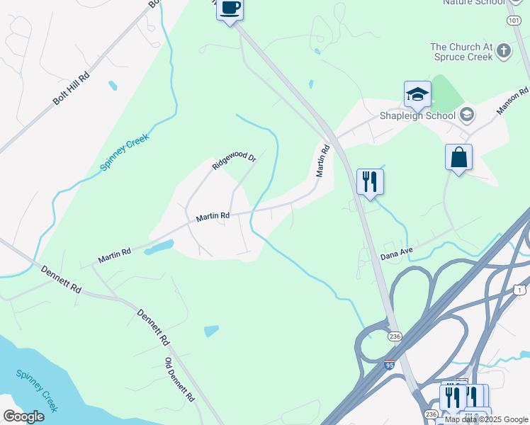 map of restaurants, bars, coffee shops, grocery stores, and more near 92 Martin Road in Kittery