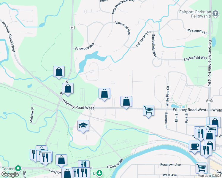 map of restaurants, bars, coffee shops, grocery stores, and more near 100 Whitney Road in Fairport