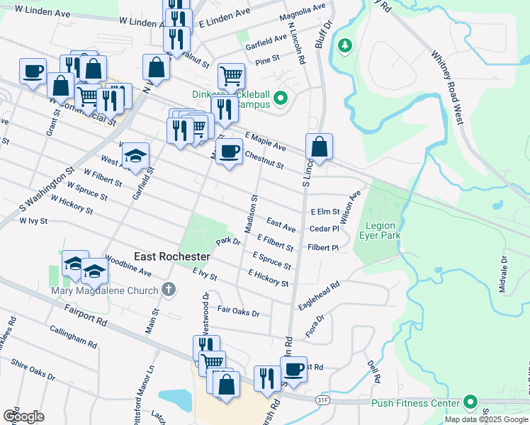map of restaurants, bars, coffee shops, grocery stores, and more near 508 Madison Street in East Rochester