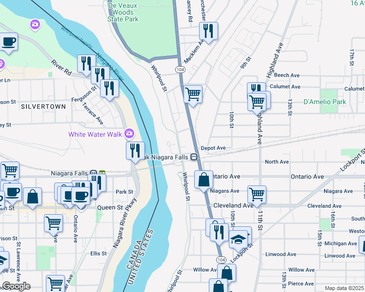 map of restaurants, bars, coffee shops, grocery stores, and more near 15 Niagara Scenic Parkway in Niagara Falls